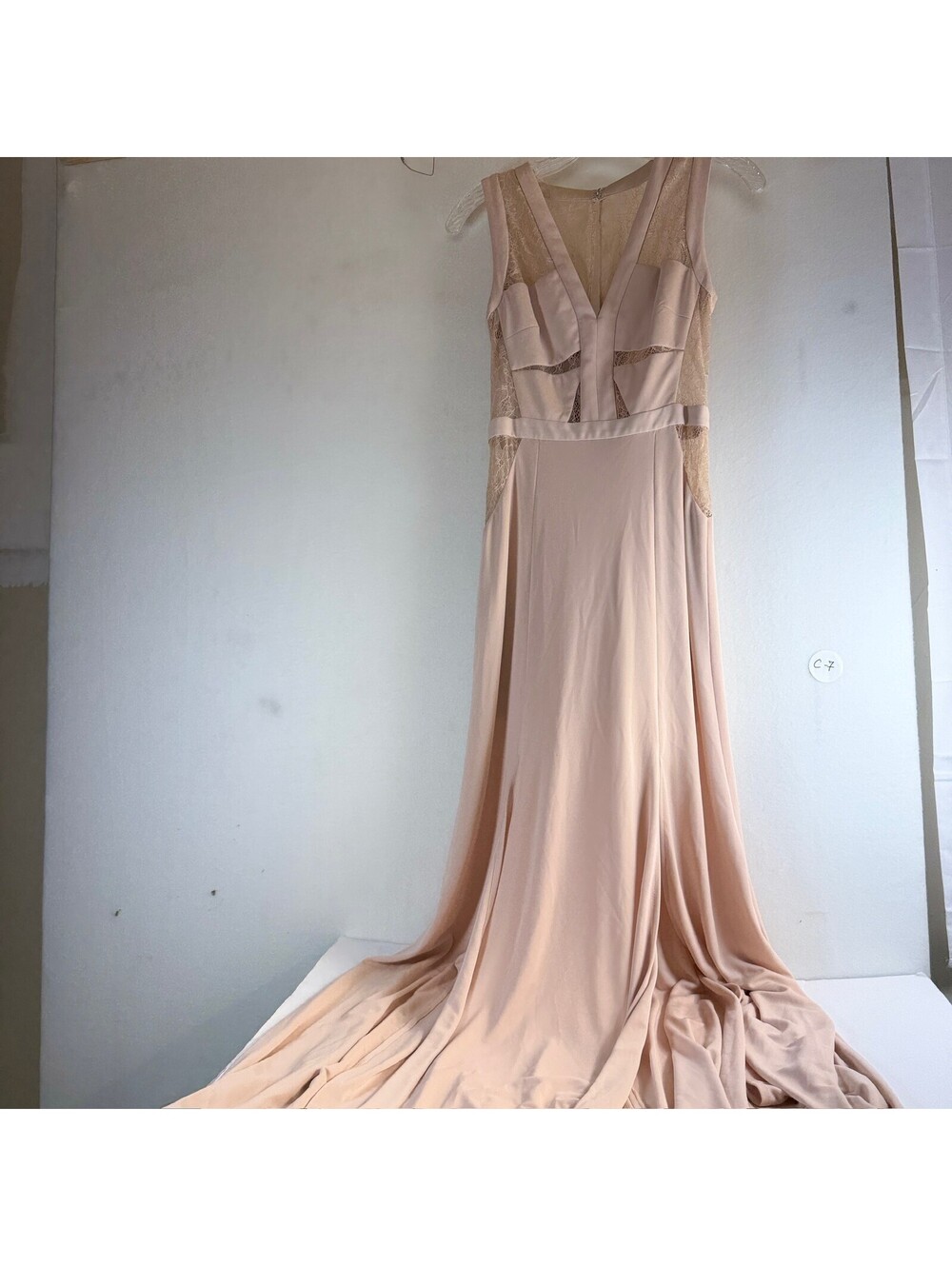 BCBGMAXAZRIA‎ Nude Lace Panel Floor Length Gown Dress Size 2 C-7